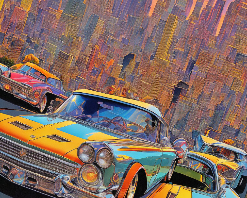 Vibrant retro cars in front of stylized cityscape with exaggerated skyscrapers