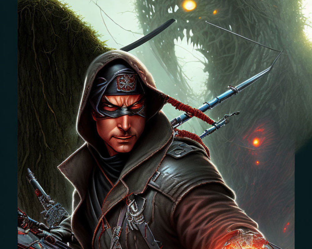 Hooded archer with glowing red eye vs. monstrous creature in dark forest