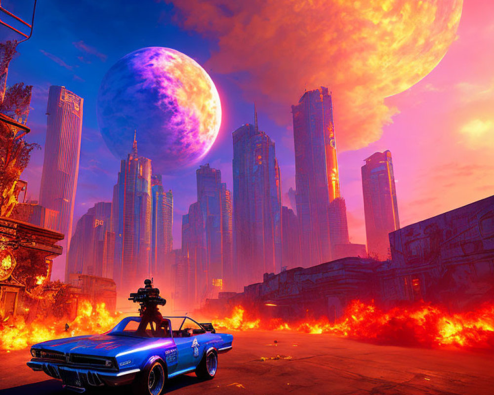 Vintage car with turret in fiery dystopian cityscape under vibrant sunset.