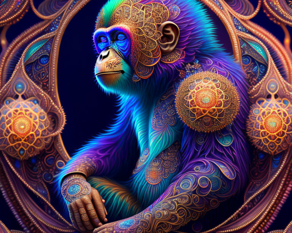 Colorful Digital Artwork: Contemplative Monkey with Mandala Patterns