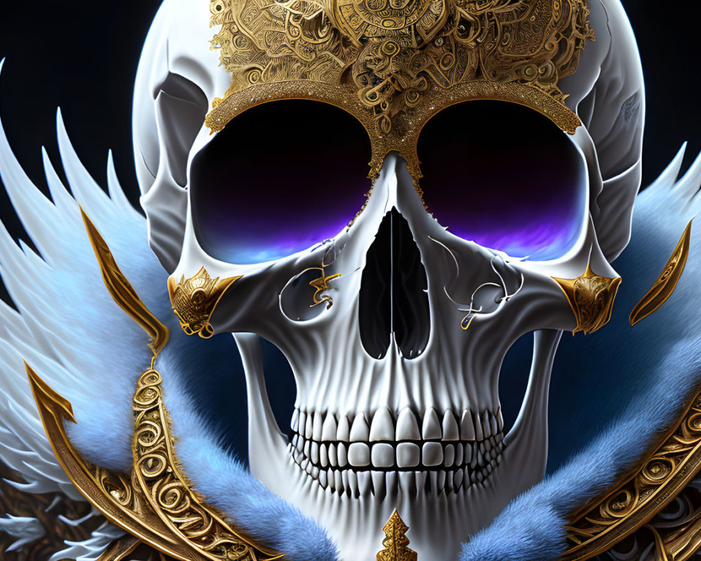 Digital artwork of skull with golden mask and blue feathers on black background