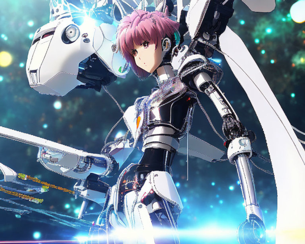 Detailed Anime-Style Character in Pink Hair Mech Suit