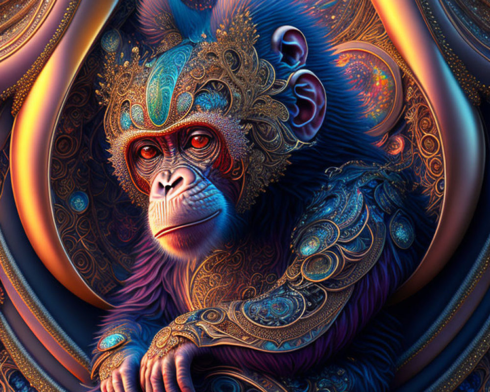 Colorful monkey illustration with intricate patterns and mystical headdress