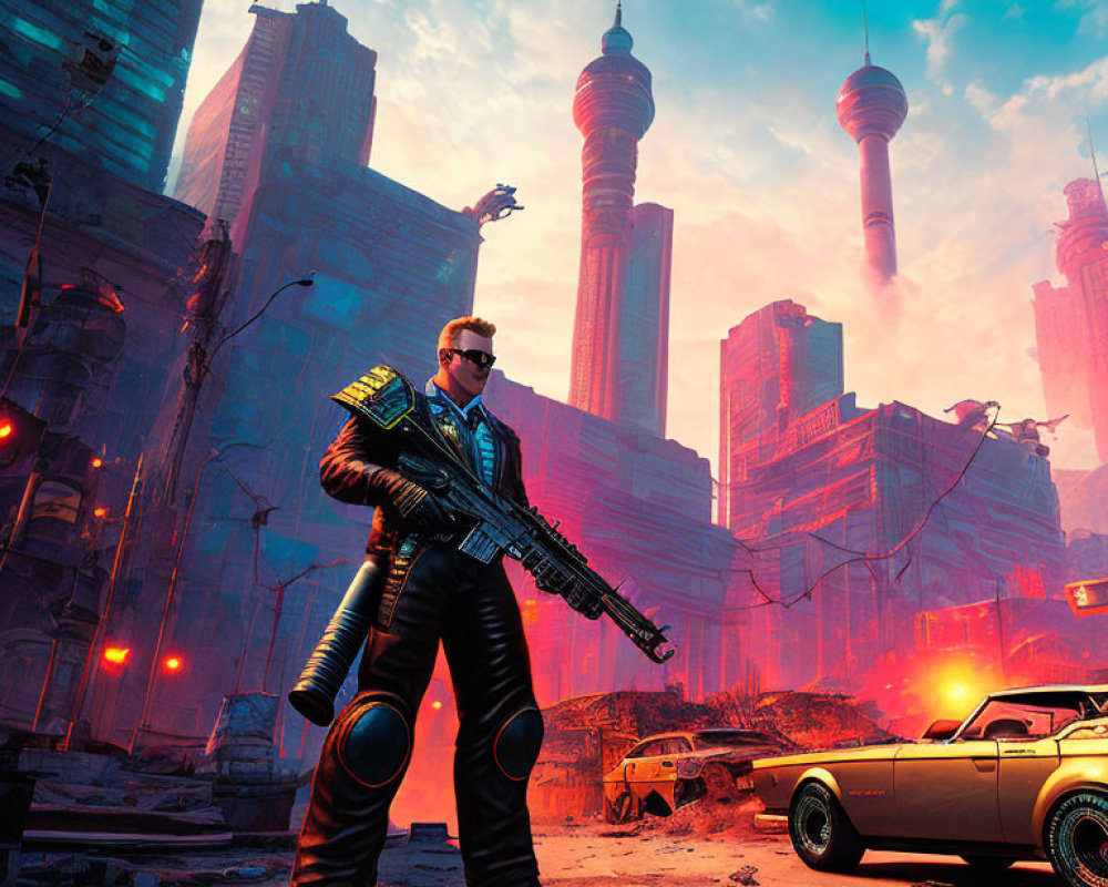 Futuristic man with weapon in front of vibrant cityscape