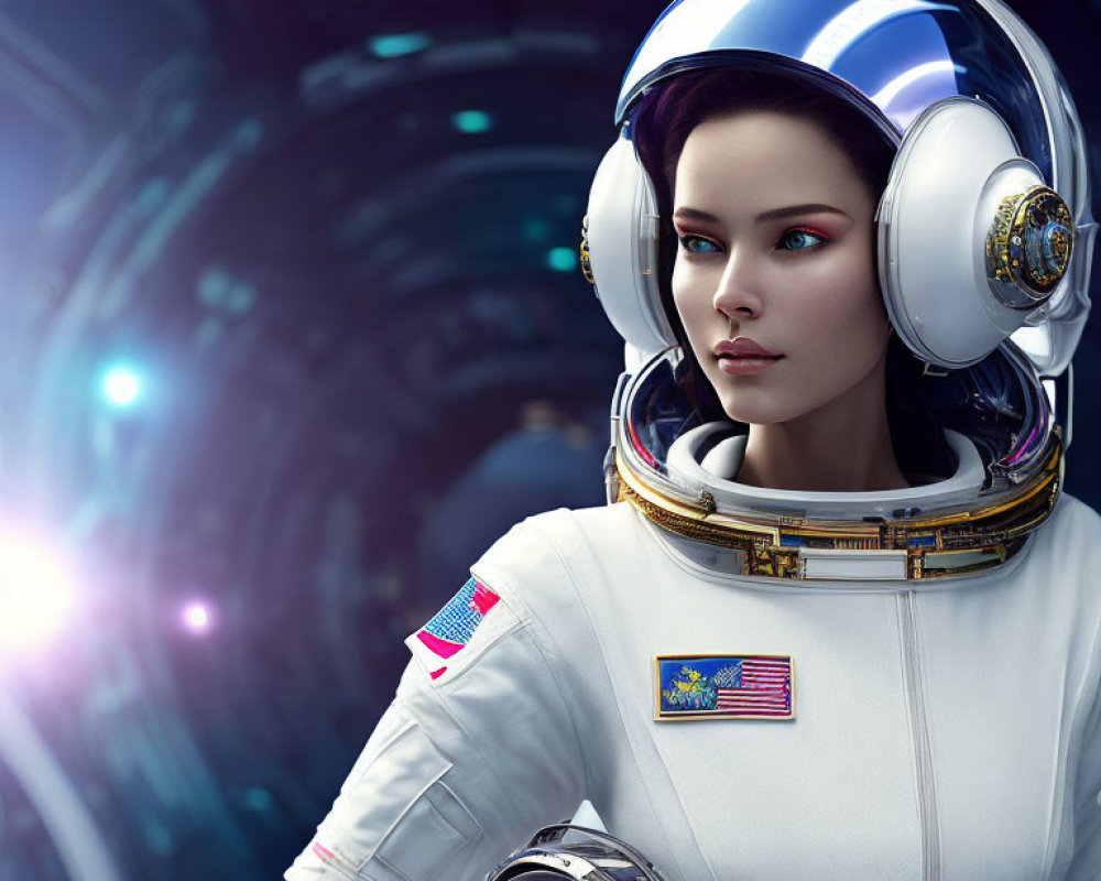 Futuristic astronaut woman in reflective helmet in high-tech space environment