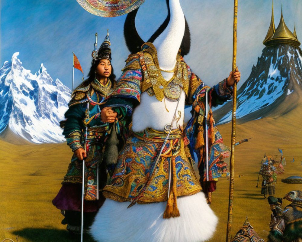 Two people in ornate armor riding a giant swan through a fantastical landscape.