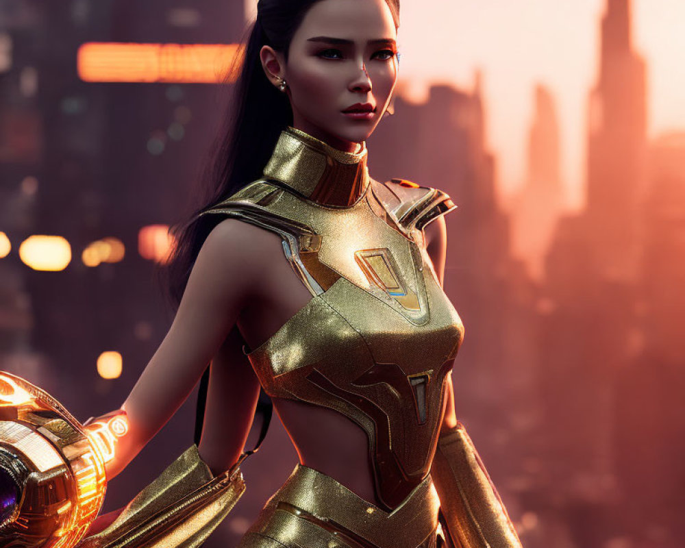 Futuristic golden armor on woman with black hair in 3D render