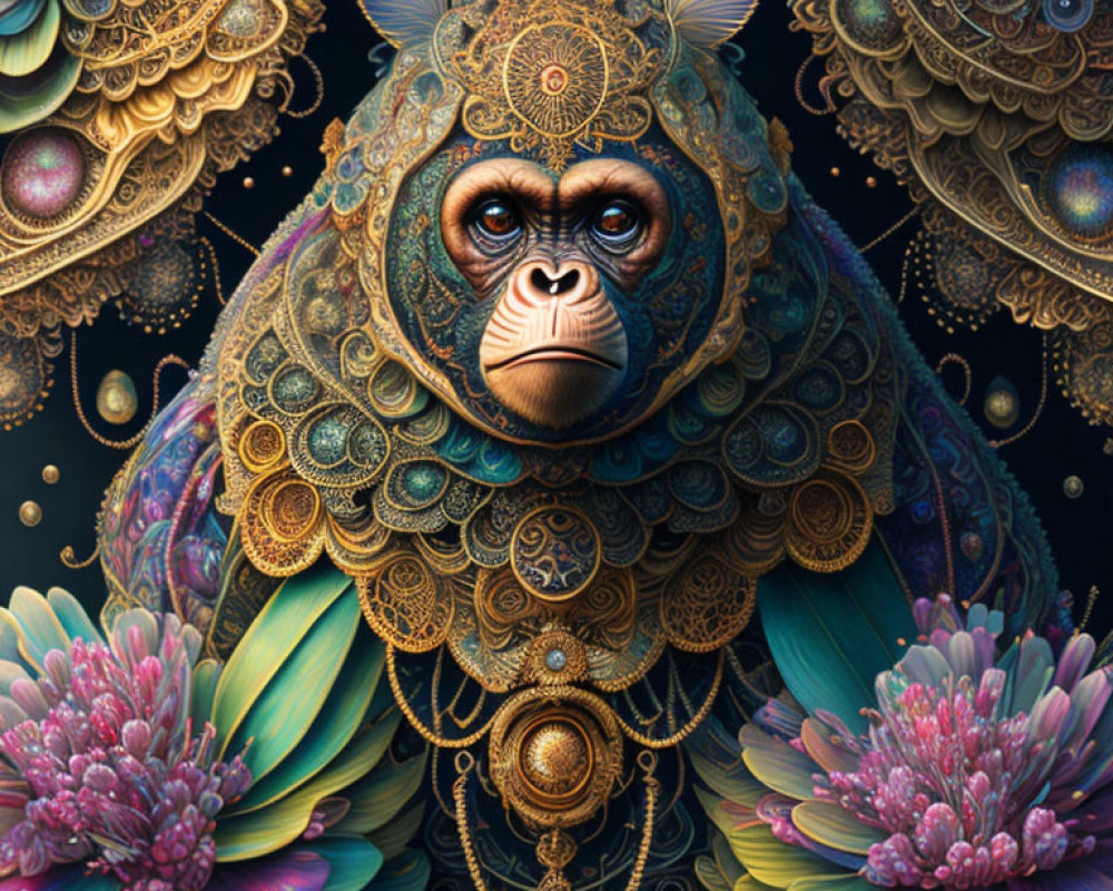 Detailed ornate monkey illustration with intricate patterns and vibrant flowers on dark background