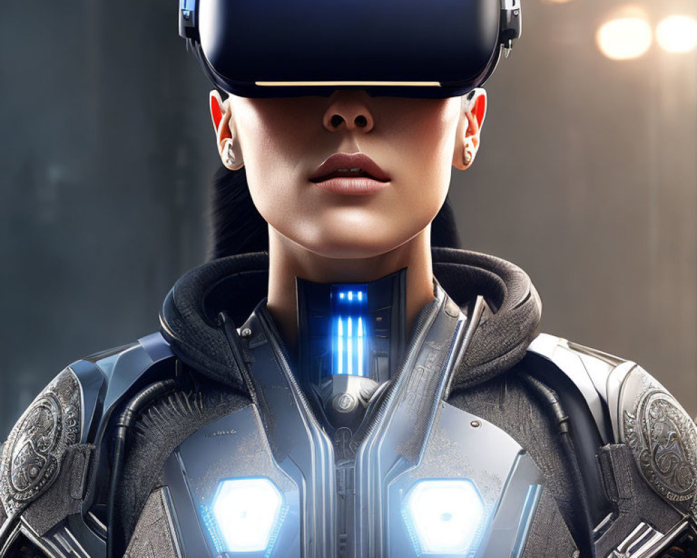 Futuristic armored person in VR headset with blue lights