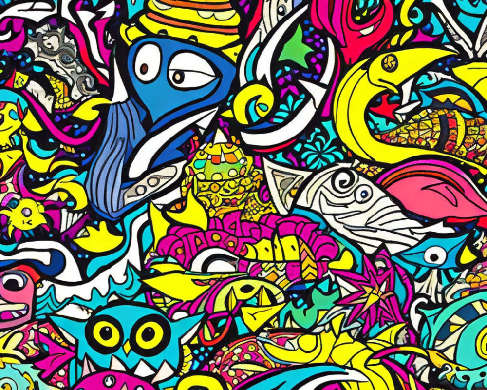 Colorful Abstract Doodle Art Pattern with Creatures and Shapes