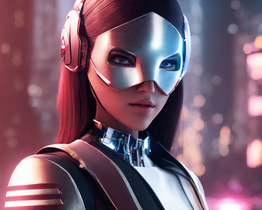 Futuristic silver mask and headset in neon-lit city