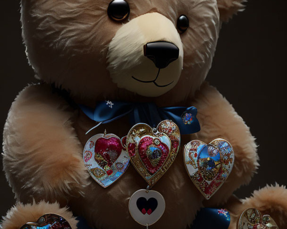 Plush Teddy Bear with Heart-Shaped Metallic Lockets on Dark Background