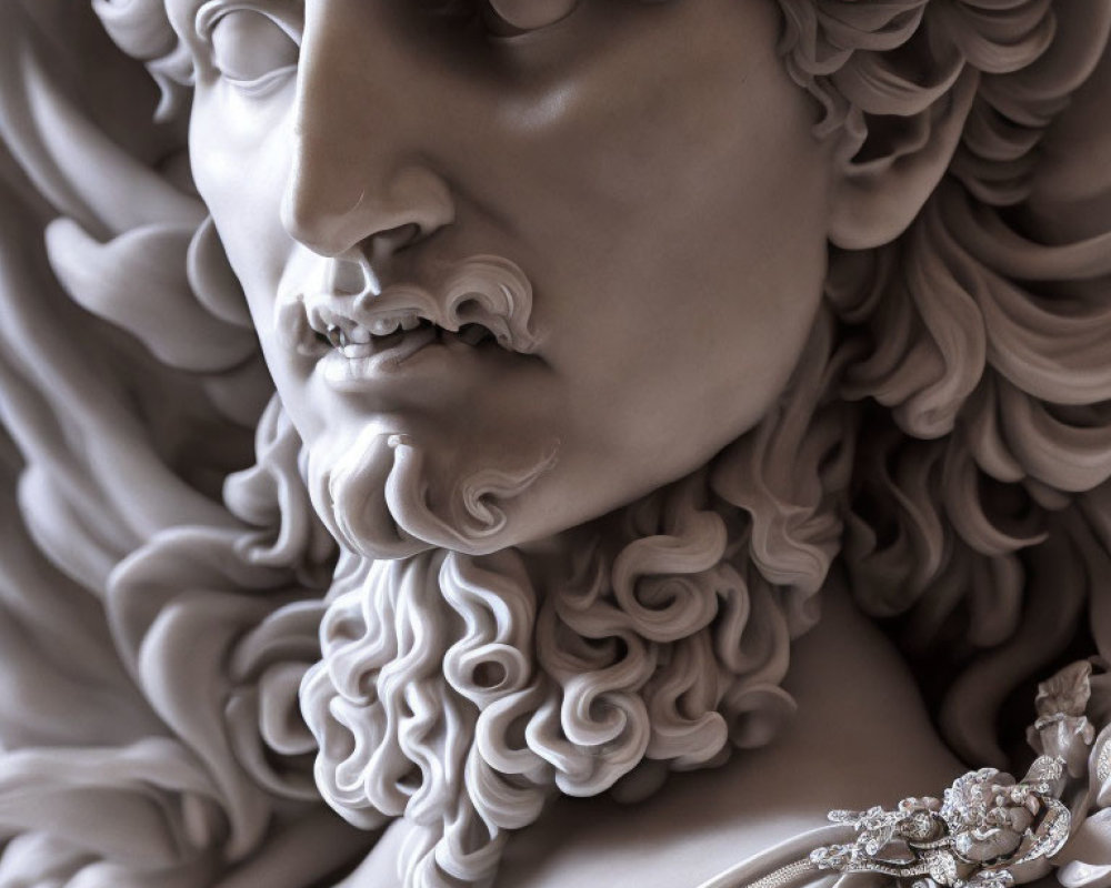 Detailed sculpture of a man with curly hair and beard, featuring refined facial features.