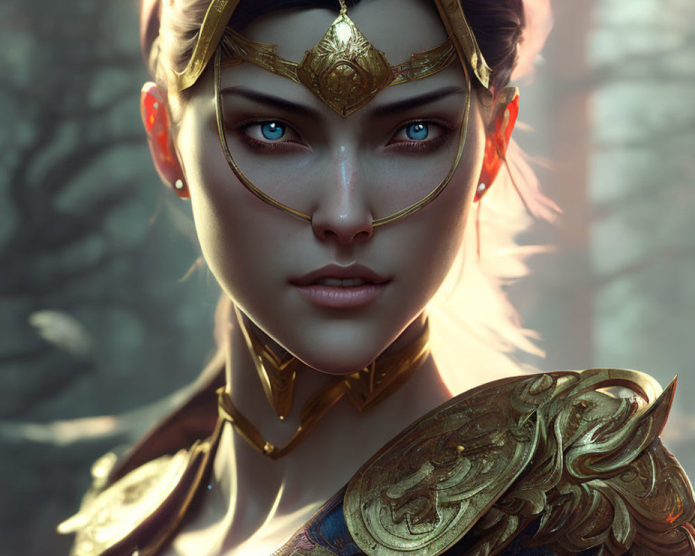 Female warrior digital artwork with golden armor and intricate details.