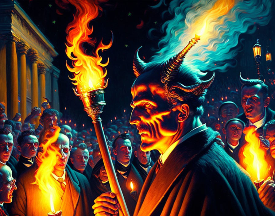 Colorful Demon Figure with Flaming Torch in Crowd Scene