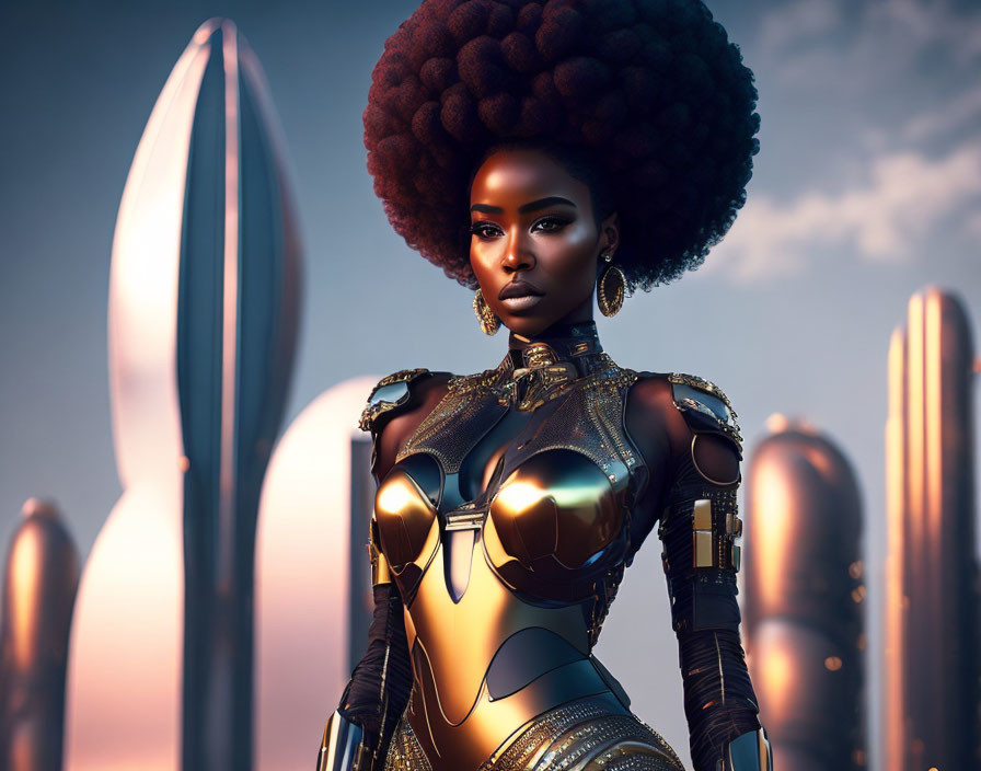 Futuristic digital art: Woman in afro and armor among sleek structures