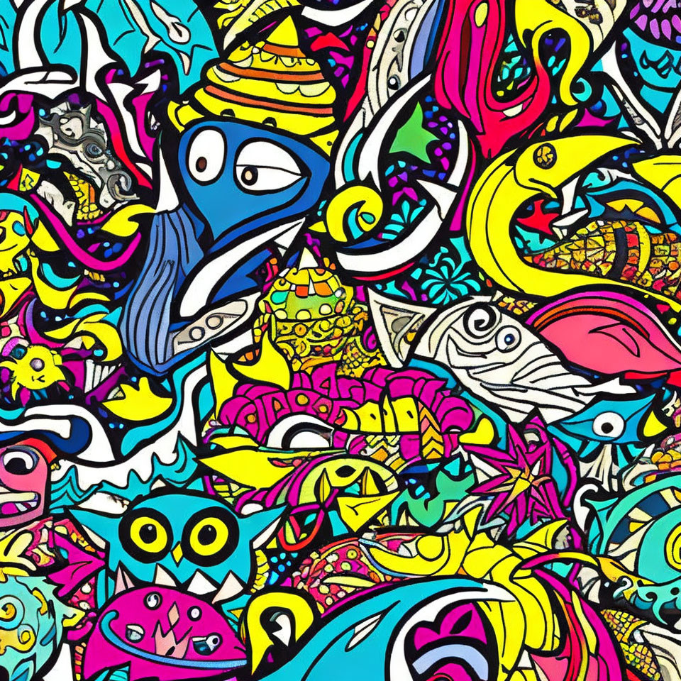 Colorful Abstract Doodle Art Pattern with Creatures and Shapes