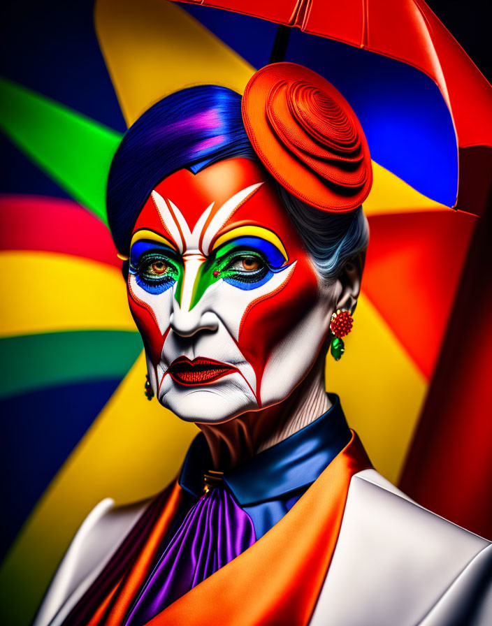 Elegant older woman with colorful makeup and bold hat against rainbow backdrop