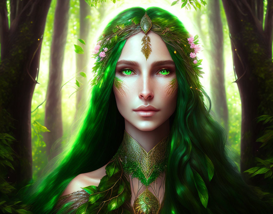 Fantasy forest woman with green hair in woodland setting