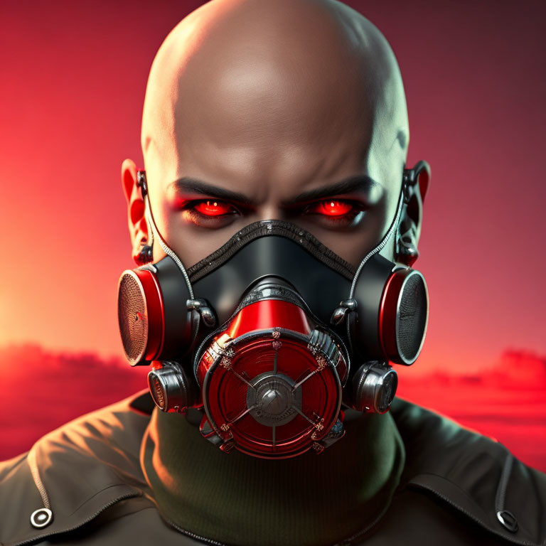 Bald Figure with Glowing Red Eyes in Futuristic Gas Mask