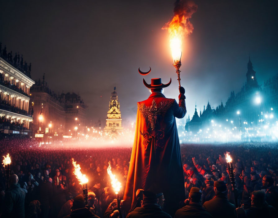 Cloaked figure holding torch in dramatic night scene