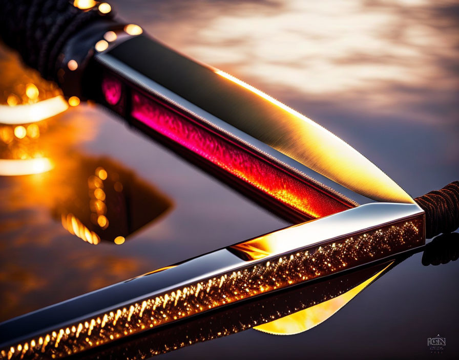 Reflective blade katana sword close-up on orange and blue background