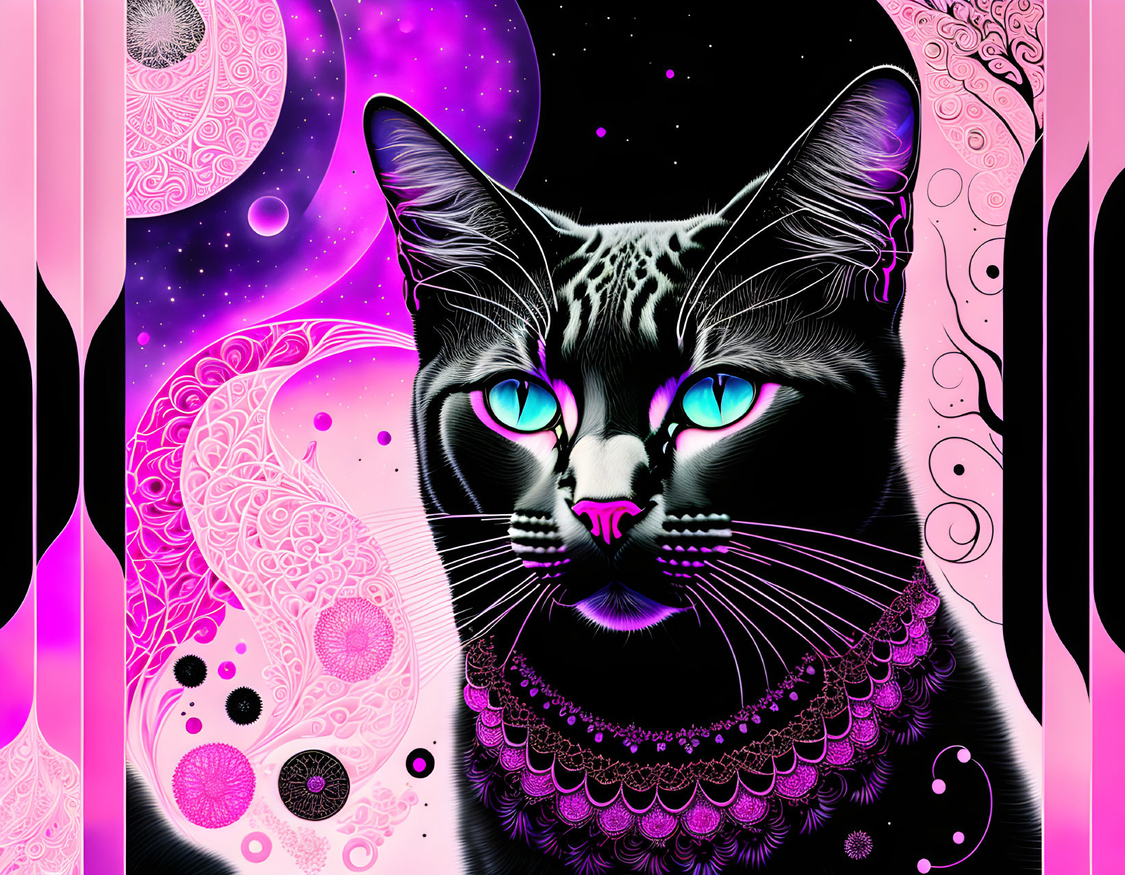 Digital art: Black and white cat with blue eyes in cosmic setting