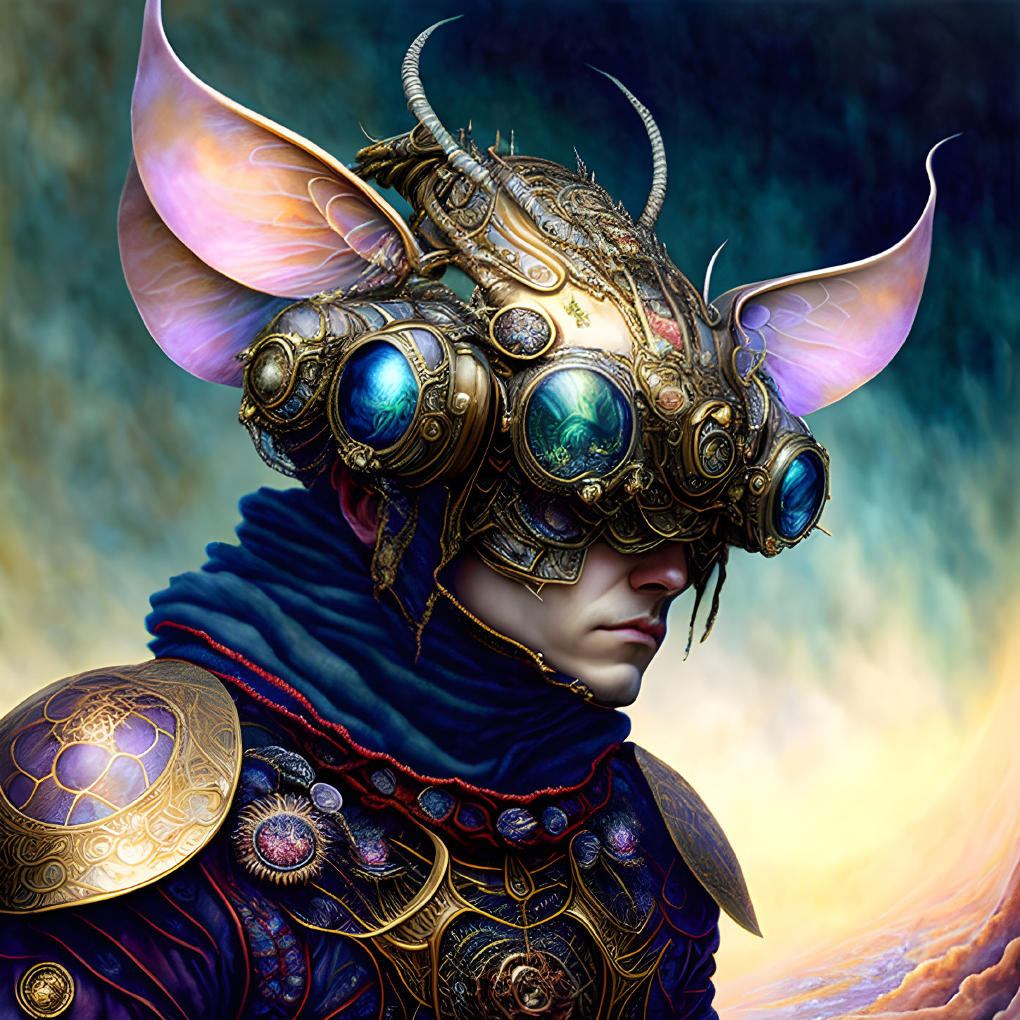 Person in ornate golden helmet with horn-like protrusions and blue armor on artistic background