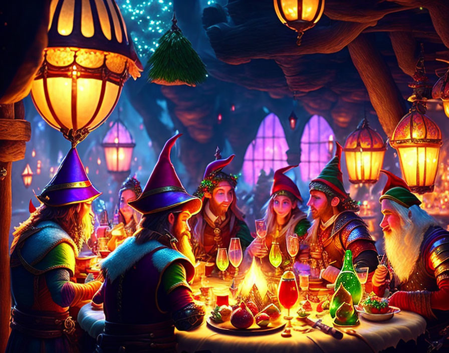 Cheerful dwarves celebrating at festive table with food and drink