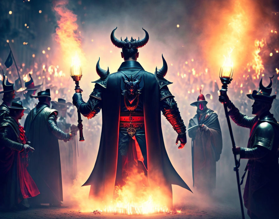 Figure with horns and cloak in fiery setting with masked individuals