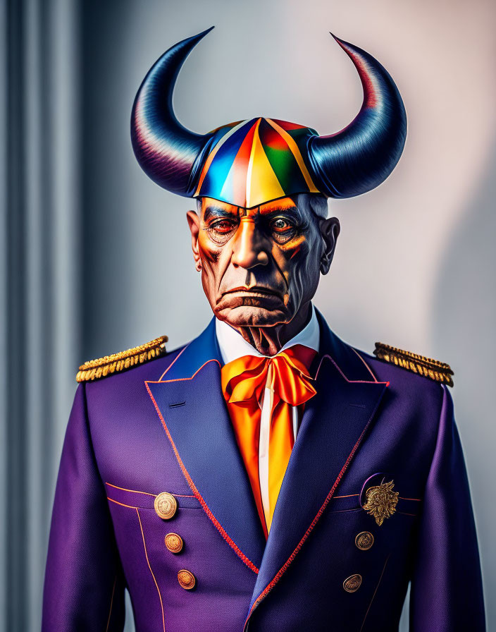 Colorful depiction of stern-faced character with demon horns in military-style jacket.