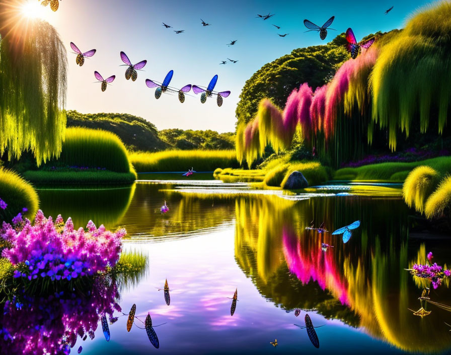 Luminous fantasy landscape with flowers, greenery, willow trees, dragonflies, birds,