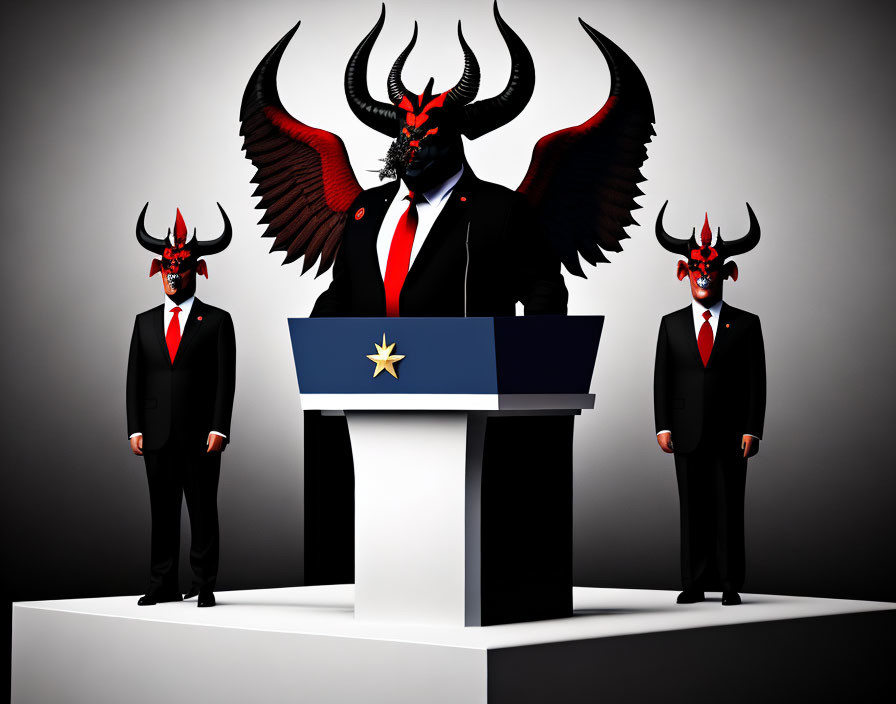 Three demonic figures in business suits at podium with star emblem