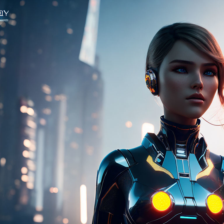 Female Cyborg Digital Artwork: Glowing Elements Against Futuristic Cityscape