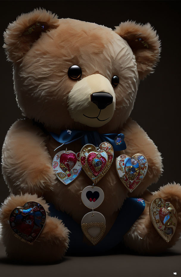 Plush Teddy Bear with Heart-Shaped Metallic Lockets on Dark Background