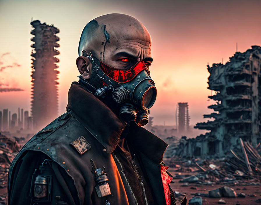 Person in Gas Mask with Scarred Bald Head in Dystopian Setting