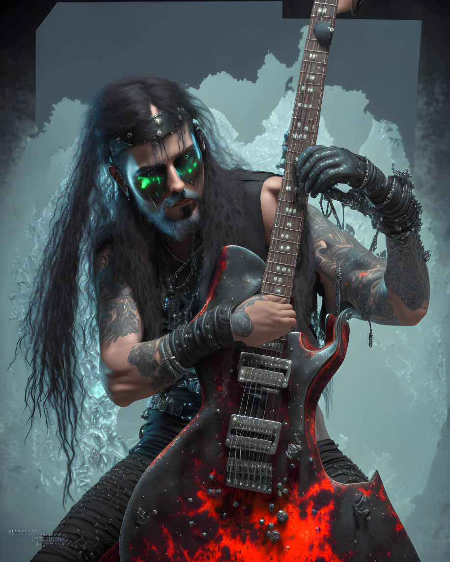 Rocker with Black Hair and Fiery Guitar Design