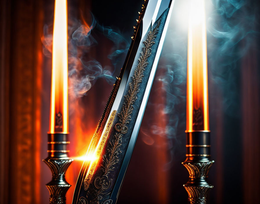 Three ornate swords with glowing blades on smoky backdrop