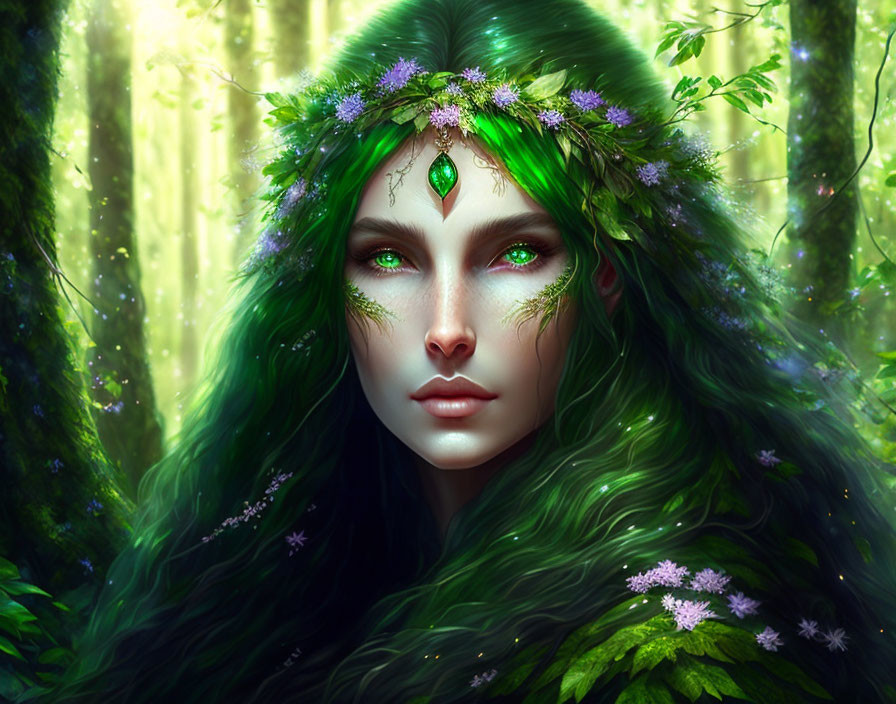 Portrait of woman with green hair and purple flowers in mystical forest.