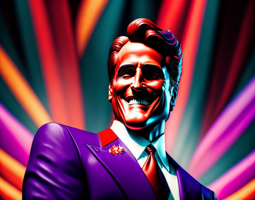 Colorful Illustration: Smiling Man in Purple Suit on Radiating Background