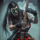 Rocker with Black Hair and Fiery Guitar Design