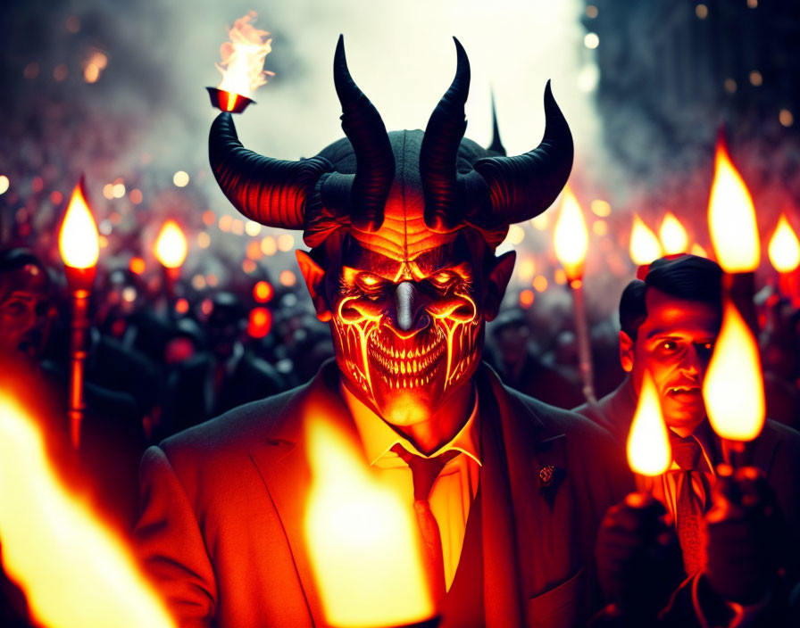 Person in devil mask and suit surrounded by torch-wielding crowd