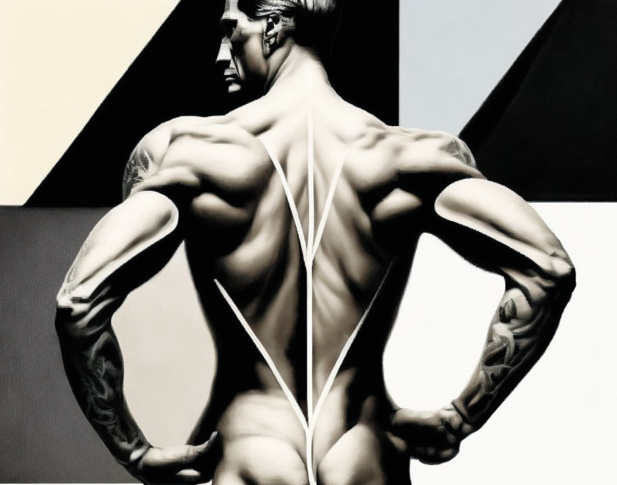 Monochrome muscular figure with flexed arms against geometric background