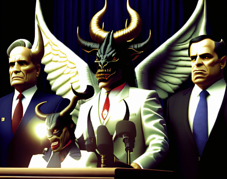 Three figures at podium: one with angel wings, one demon-like, one stern-looking