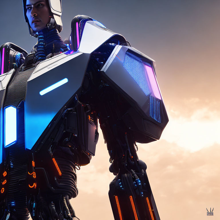 Female Cyborg with Armored Body and Blue Glowing Elements on Dusk Sky Background