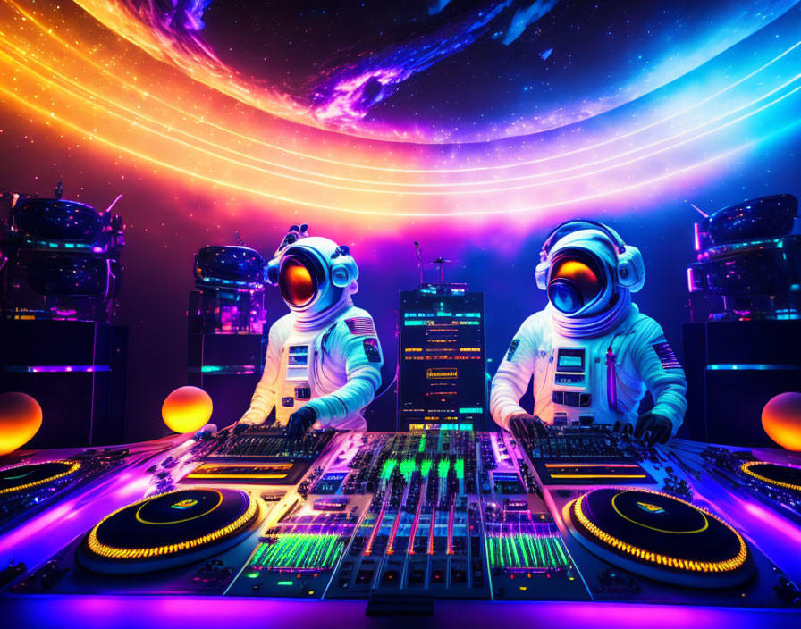 Astronauts DJing in cosmic setting with futuristic cityscape below