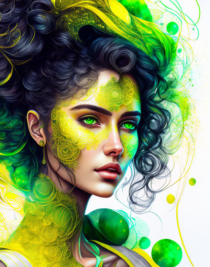 Digital artwork featuring woman with green eyes and intricate yellow patterns in swirling green and yellow abstract surroundings.