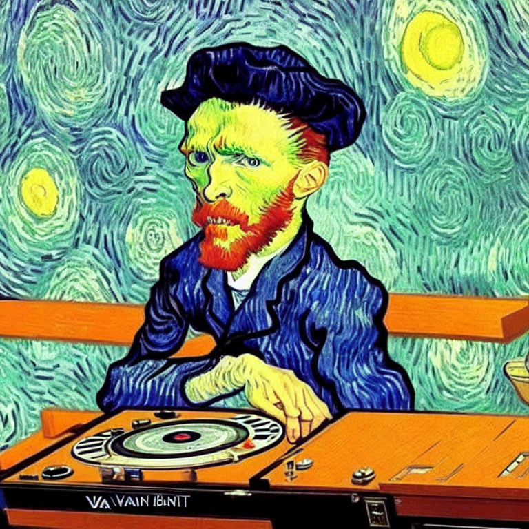 Stylized image: Van Gogh's self-portrait meets modern DJ setting