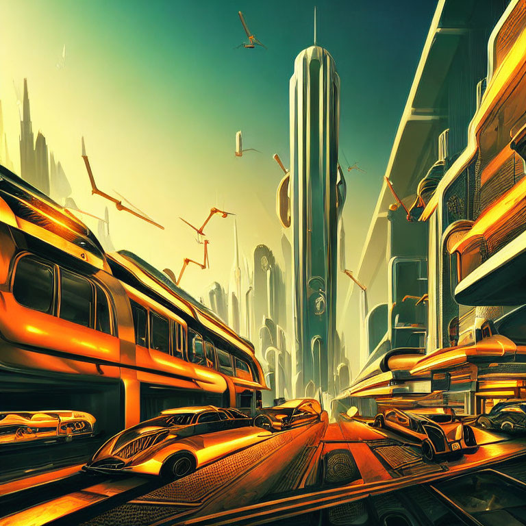 Futuristic cityscape with towering buildings and flying vehicles