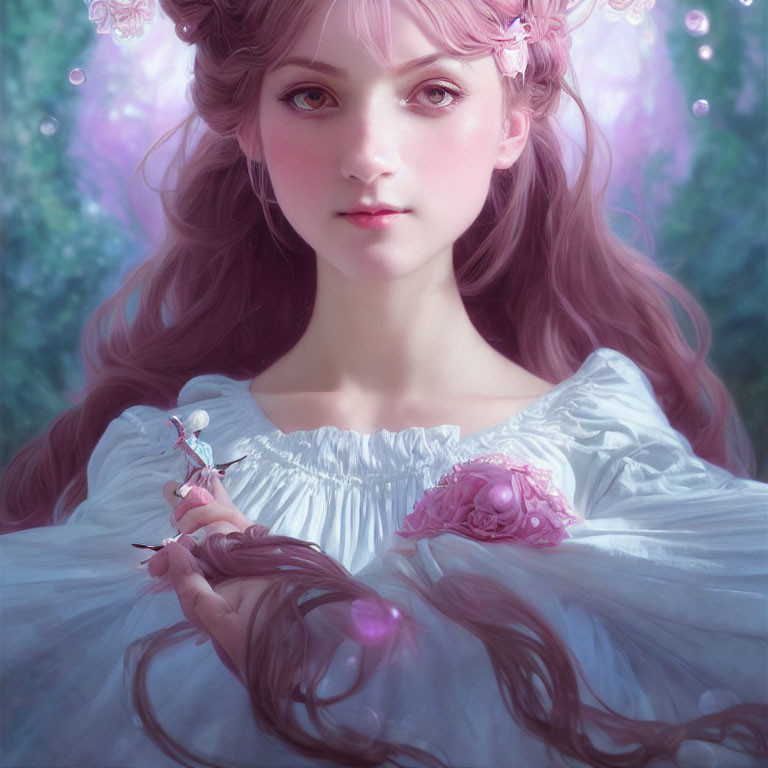 Digital artwork of young woman with flowers and fairy in dreamy setting